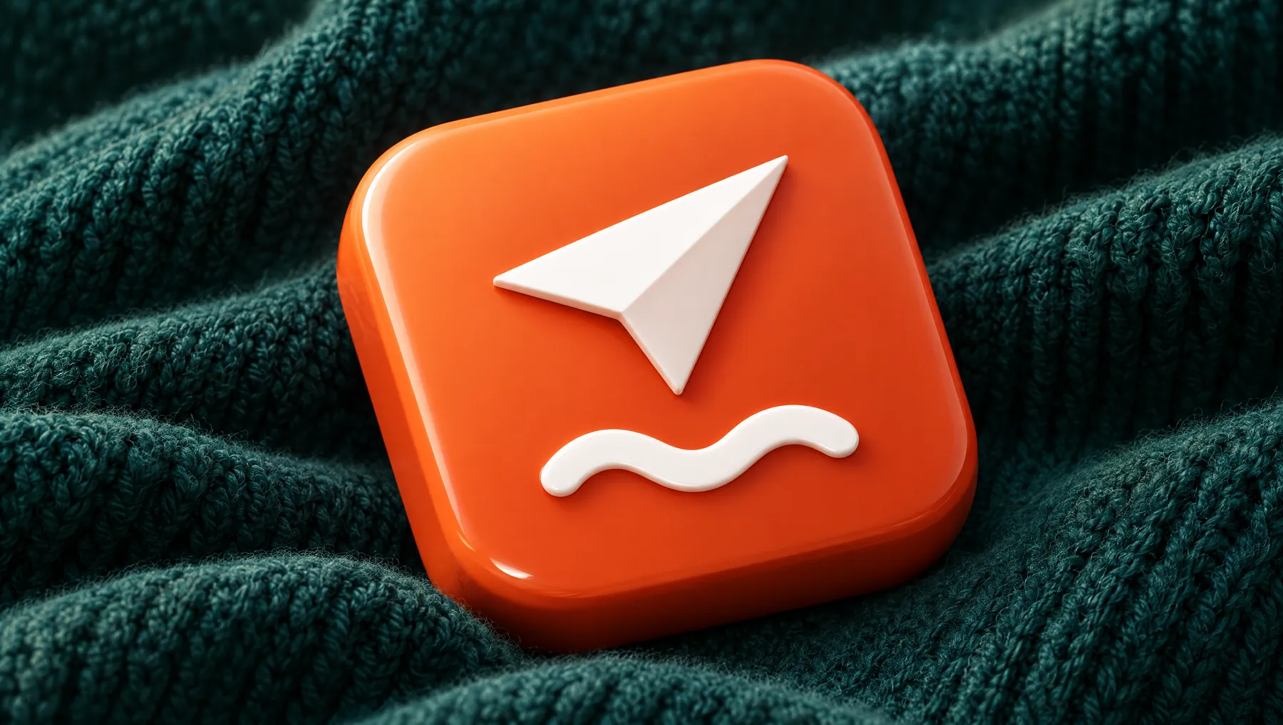 The FerrySend app icon as a glossy object on deep teal knit