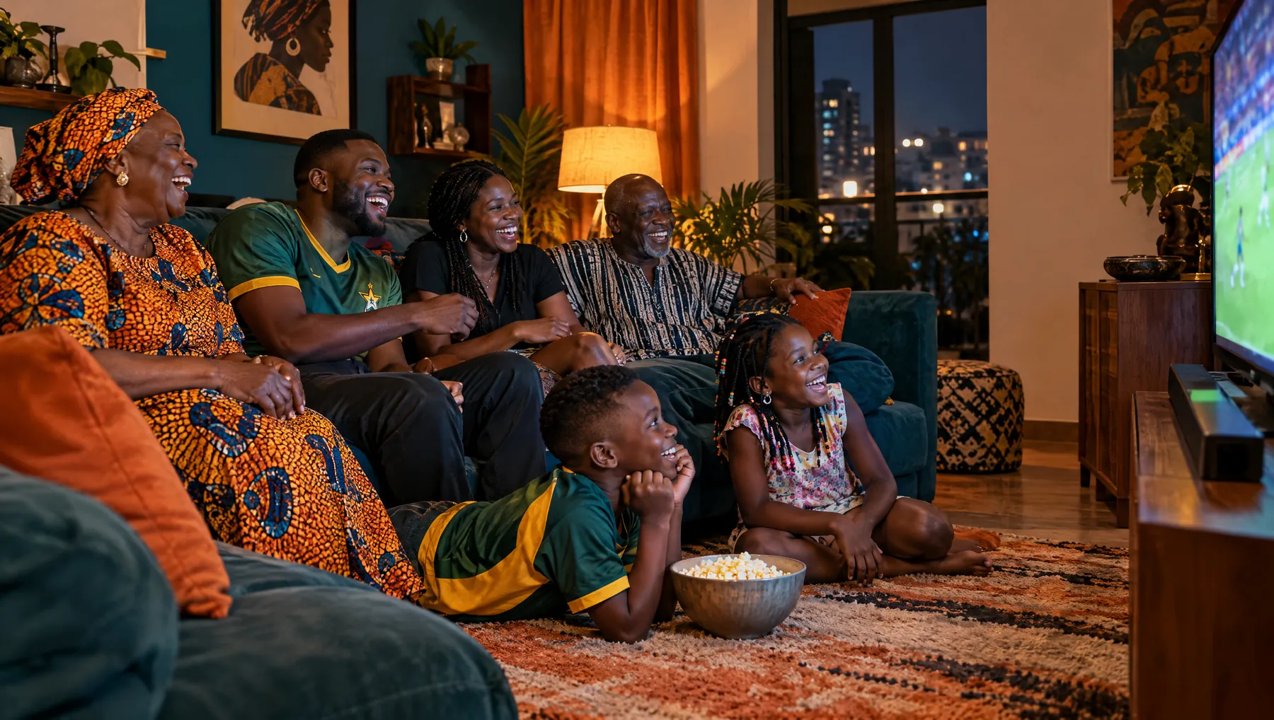 A family in Accra laughing together in front of the TV