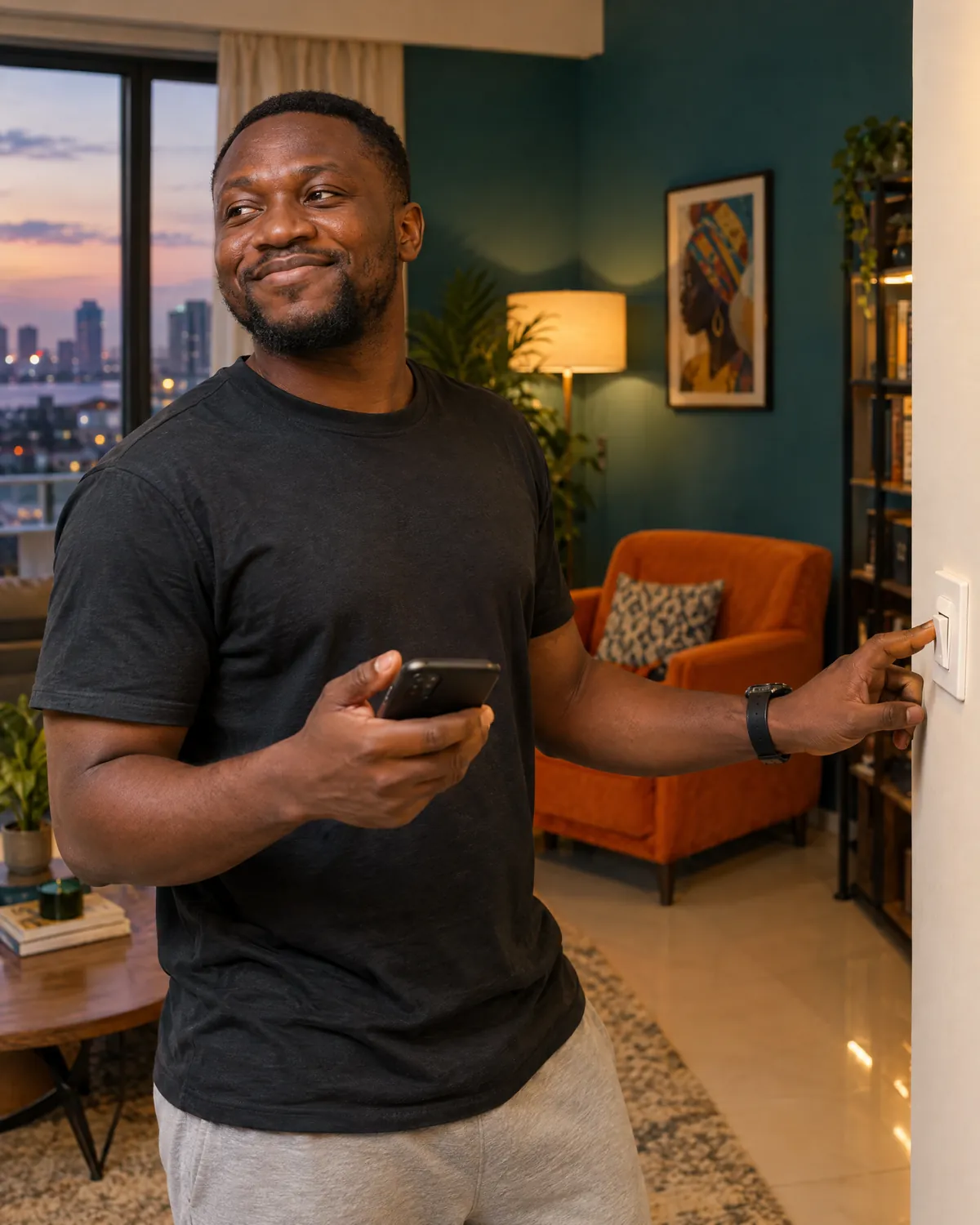 A man in Lagos switching on the lights at home